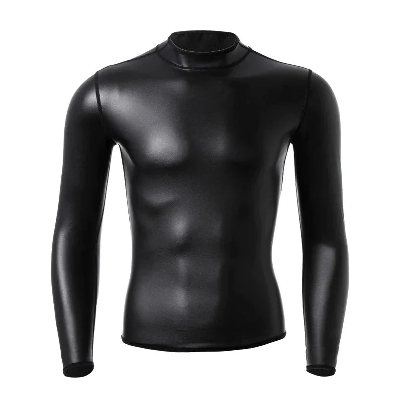 Men Long Sleeve Leather Shirt Tops Slim Underwear Body Shapers Waist Trainer Corsets Tummy Shapewear Leather Shirts Stand Collar
