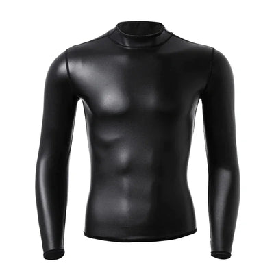 Men Long Sleeve Leather Shirt Tops Slim Underwear Body Shapers Waist Trainer Corsets Tummy Shapewear Leather Shirts Stand Collar