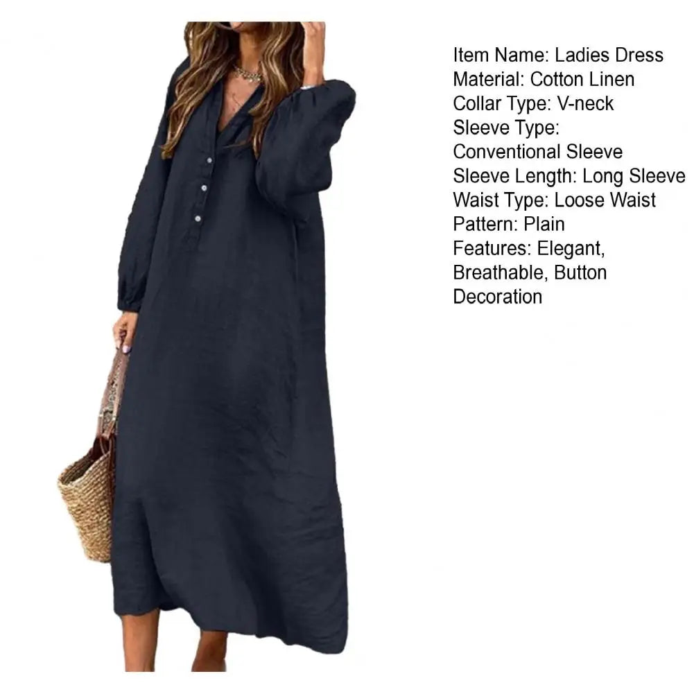 Stylish Button-breasted Dress for Women Elegant V-neck Cotton Linen Dress with Long Sleeves Button Decoration for Summer Ladies