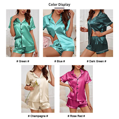 Women's Sleepwear Silk Satin Pajamas Set Button-Down Pyjama Shorts Suit Pijama Femme Loungewear Pj Sets Solid Color Home Clothes