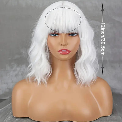 12Inch Women's White Synthetic Wig with Bangs Short Wavy Bob Haircut Layered Curly Ends Natural Look for Cosplay Event Hairstyle