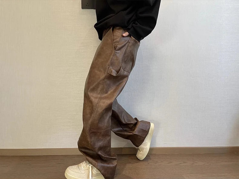 Mauroicardi Autumn Long Retro Cool Baggy Distressed Washed Brown Soft Pu Leather Wide Leg Pants for Men Luxury Designer Clothes