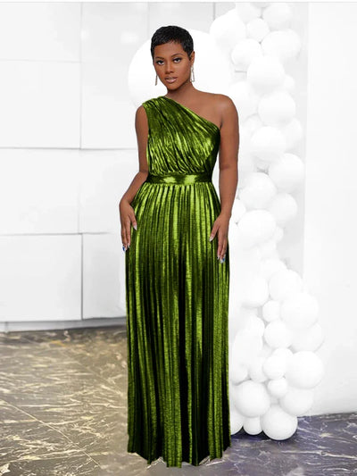 Elegant Women Even Dresses Luxury Maxi Long Metallic Pleated Dress One Shoulder Sleeveless Premium Shiny Shimmer Gowns Big Size