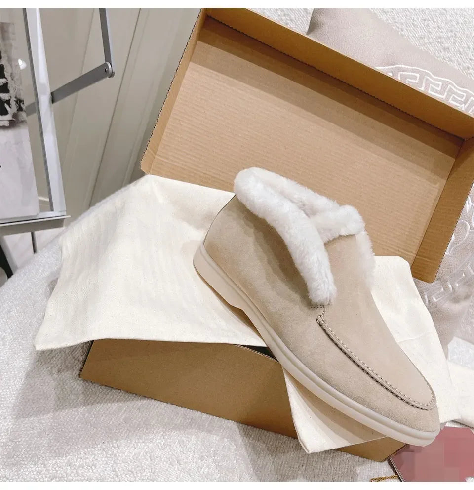 Fur Ankle Boots Women's Cow Suede Loafers High Quality 2025 Winter Flat Shoes Fur Integrated Warm Snow Boots