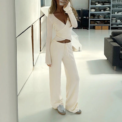 Women Fashion Lounge Set Vintage 2 Piece Outfit V Neck Waist Tie T-shirt + Elastic Waist Pants Autumn Long Sleeve Crop Tops