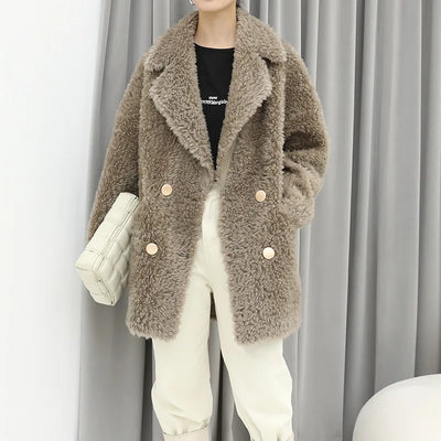 MENINA BONITA 2025 New  Luxury Winter Jacket Women's Coat Double-breasted Woven Real Natural Wool Fur Lapel Warm Loose Outerwear