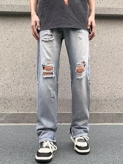 Summer Mens Ripped Jeans Blue Loose Fit Hole Wide-leg Pants Casual Fashion Trousers Streetwear High quality Denim Man Clothing