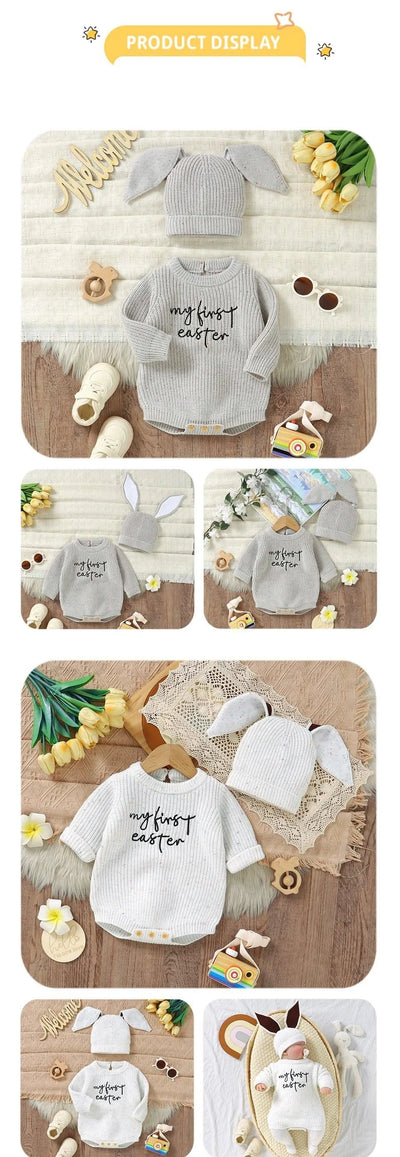 2pcs/Set 0-18m Knitted Jumpsuits Costume| Baby Rabbit Easter Clothes Sets |Cute Hats+ Bodysuits Spring Outfits for Newborn Boy Girl