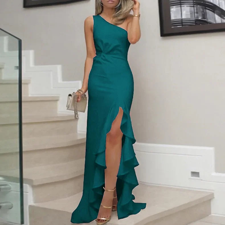 2025 Women's Dress Evening Slit Solid Color Elegant Asymmetric Off-Shoulder Long Dress for Female