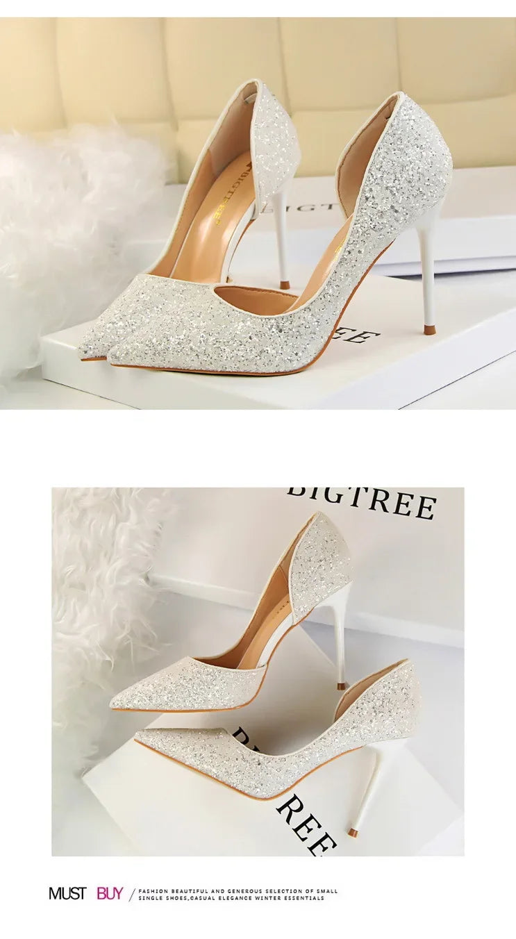 BIGTREE Shoes Champagne Women Pumps Sequin Wedding Shoes Stiletto High Heels Women Shoes Luxury Party Shoes Pumps Plus Size 43