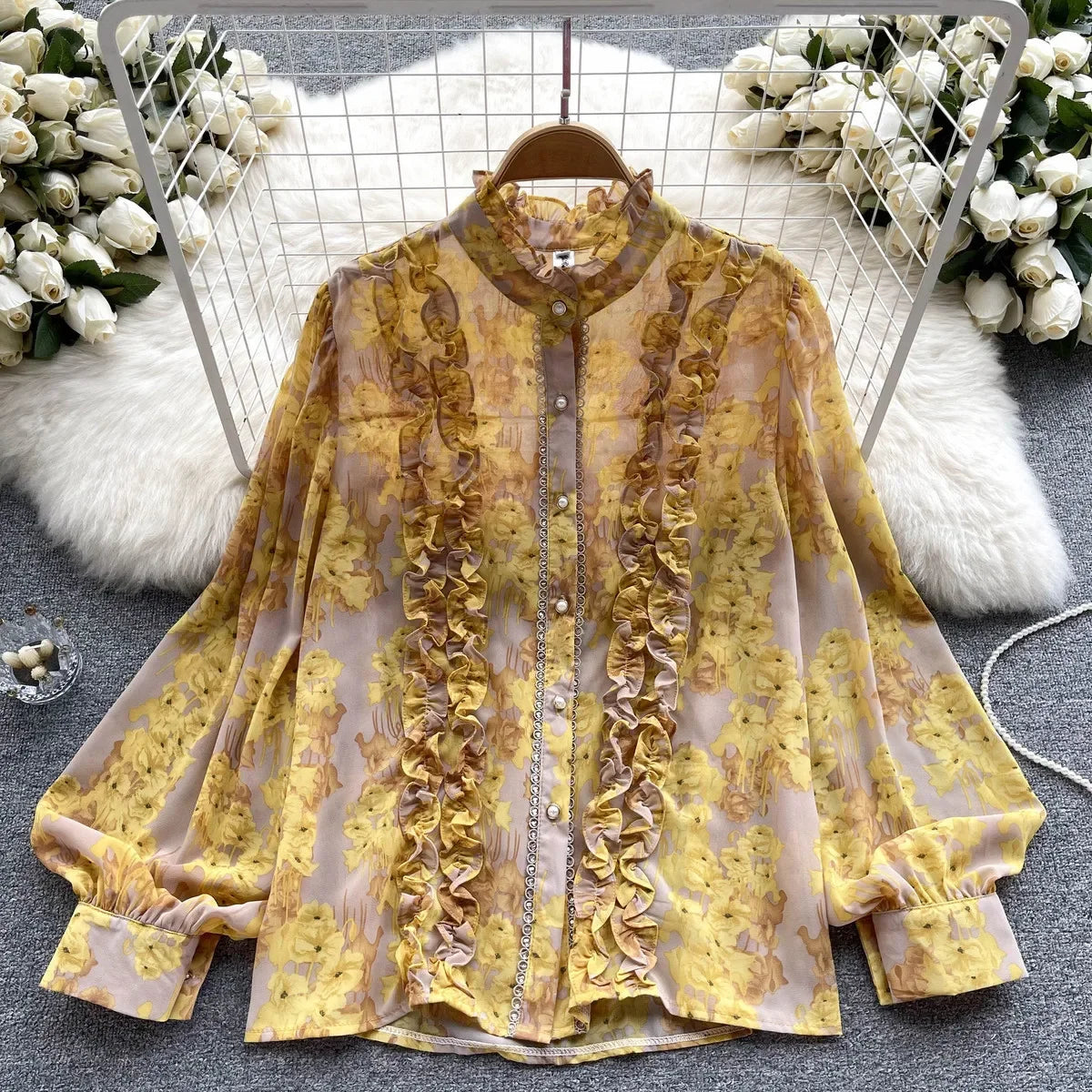 Women Ruffles Lace Floral Print Retro Elegant Button Shirts Summer Fashion Sweet Chic Stand Collar Long Sleeve Blouse Loose Tops