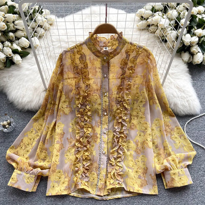 Women Ruffles Lace Floral Print Retro Elegant Button Shirts Summer Fashion Sweet Chic Stand Collar Long Sleeve Blouse Loose Tops
