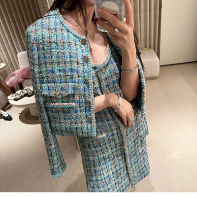 Autumn 2025 New Sle Blue een Tweed round Ne Single Button ort Quilted Jaet Women's Faion Outerwear Small Fraanc...