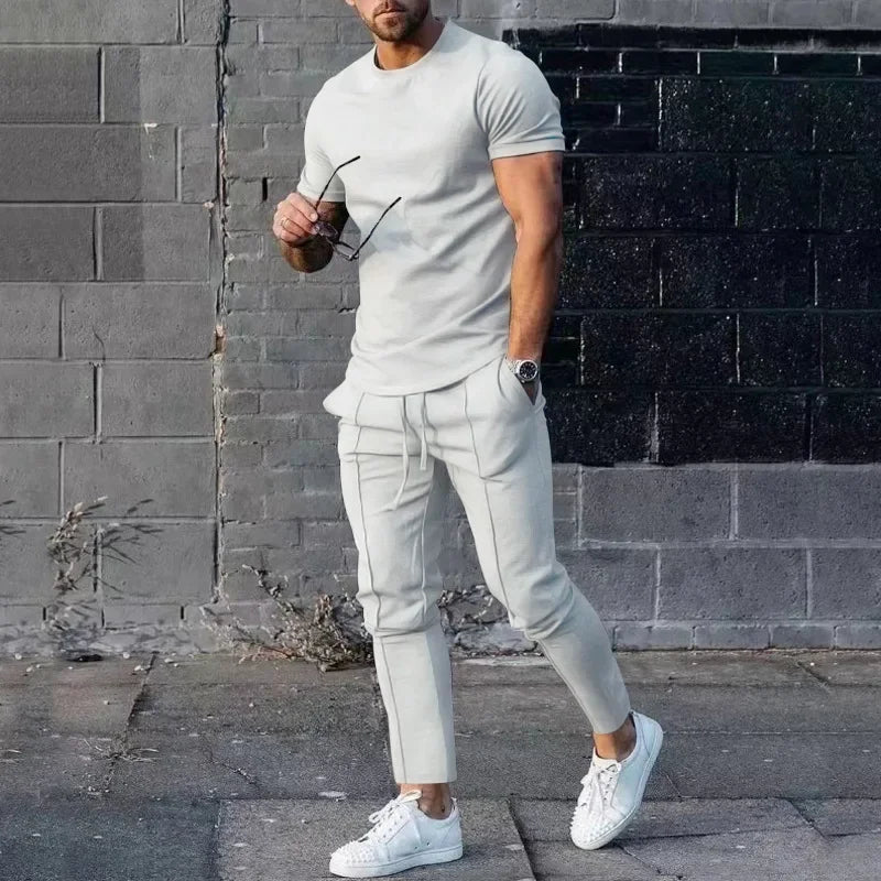 Mens Suit Summer Two-piece Suit Short-sleeved T-shirt Casual Fashion Trousers Sets for Men
