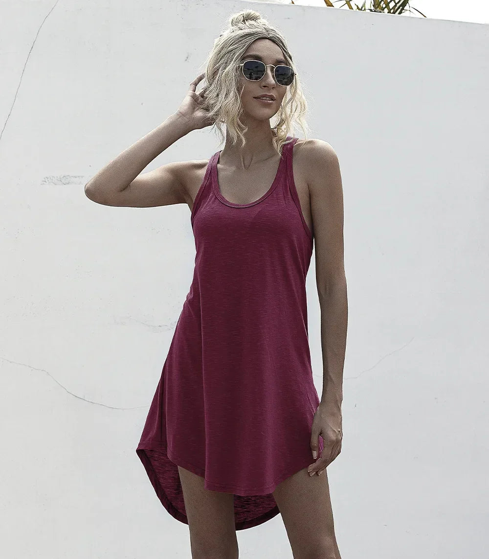 Summer Tank Dress Sleeveless Solid O-neck Loose Off Shoulder Asymmetrical Women Midi Dresses Streetwear