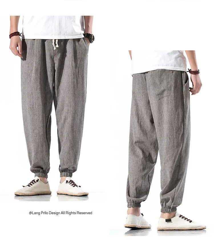 Men's Cotton and Linen Trousers Harem Pants Cuffed Fashion Trousers Linen Slim Pants Beach Pants Joggers Streetwear Loose Pants