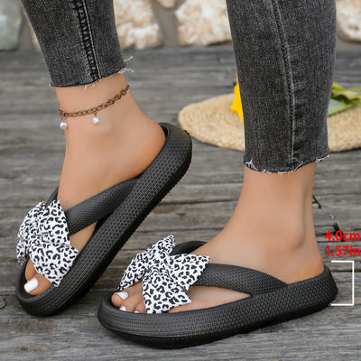 Summer Sexy Leopard Print Bow Decoration Women's Flip Flops Beach Walk Party Vacation Home Comfort Versatile Fashion Flat Sandal