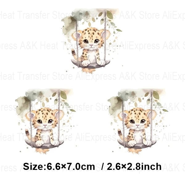 Baby Animal On Swings Heat Transfers For Kids Clothing Elephant Tigers Lion Stickers On Clothes Diy Thermal Patches Decals