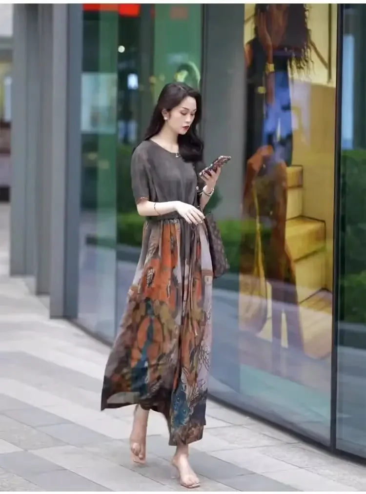 Fashionable Dress for Women 2025 Summer New Retro Drawstring Waist-hugging Long A-line Skirt