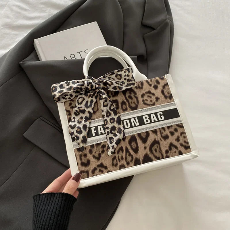 Fashion Leopard Print Top-handle Bags For Women, Bow Ribbon Decoration Designer Handbags Ladies Casual Tote