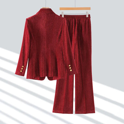 Burgundy Women's Blazer And Pants Suit Velvet Fall Winter Outfits For Women Long Sleeve Jacket 2 PCS Womens Clothing