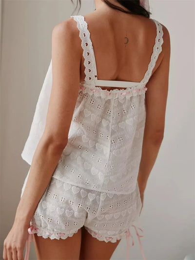Elegant Women Embroidery Pajamas Set 2 Pieces Loungewear Suits Lace Drawstring Sleeveless Cami Tops and Shorts Sleepwear Outfits