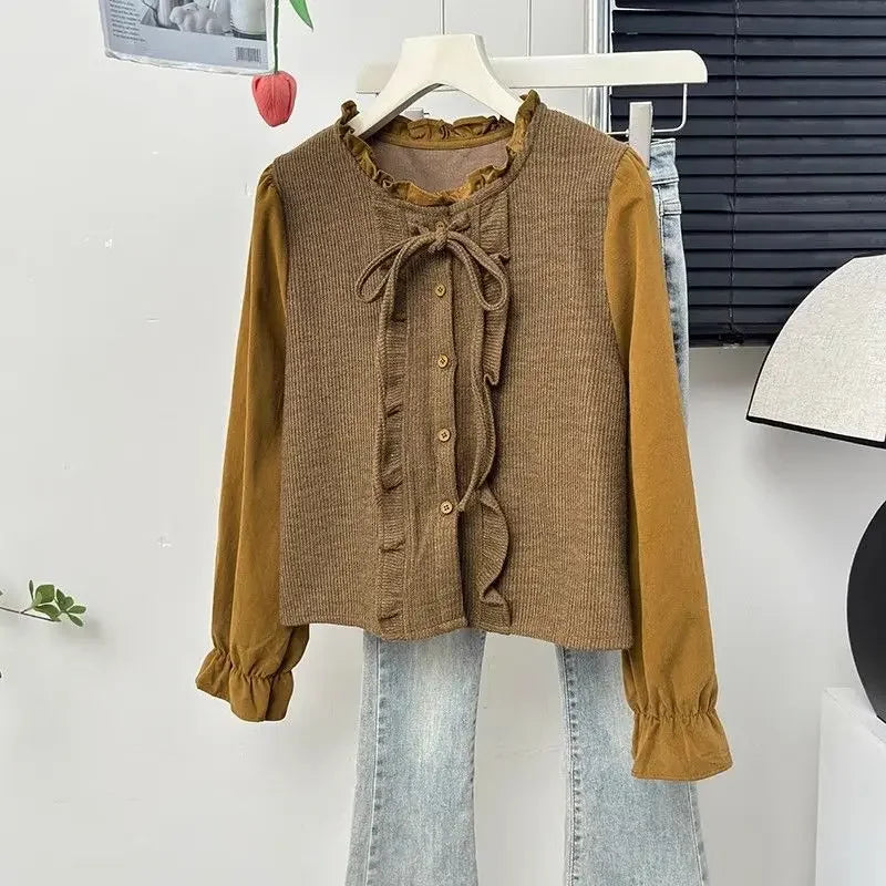 French Ruffle Bow Tie Long Sleeve Blouse Women's Autumn Luxury Chic