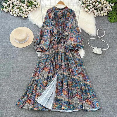 Retro Elegant Sashes O Neck Single Breasted Print Dresses Long Lantern Sleeves A-line Casual High Waist Women Autumn Clothing