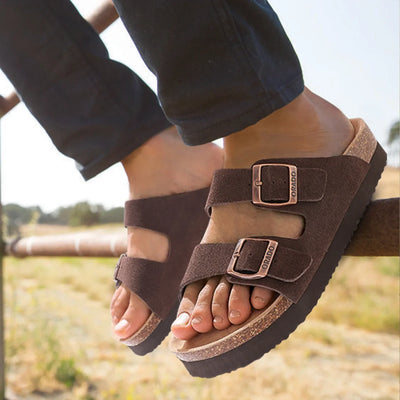 Kidmi New Men Sandals Men Double Buckle Sandals Cork Suede Men Slippers Outdoor Beach Slide Sandals Casual Soft Nonslip Sandals