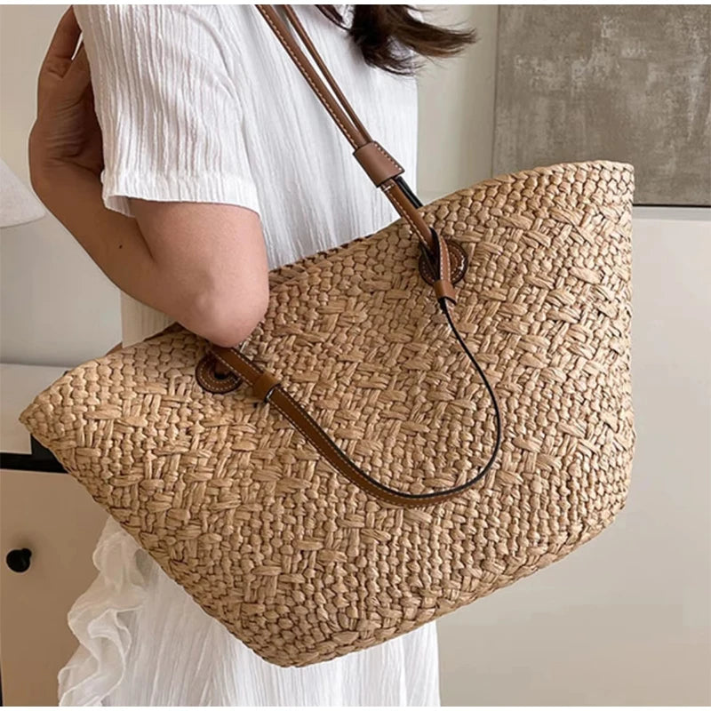 Designer Bohemian Chic Shoulder Bag,Solid Color Large Capacity Straw Woven Tote Bag,Nature-Inspired Beach Vacation Women Handbag
