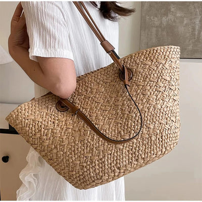 Designer Bohemian Chic Shoulder Bag,Solid Color Large Capacity Straw Woven Tote Bag,Nature-Inspired Beach Vacation Women Handbag