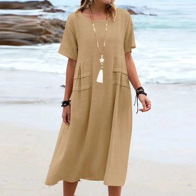 2025 Summer Fashion New Women's Elegant Long Cotton and Hemp Dress Round Neck Vacation Short Sleeve Medium Long Dress