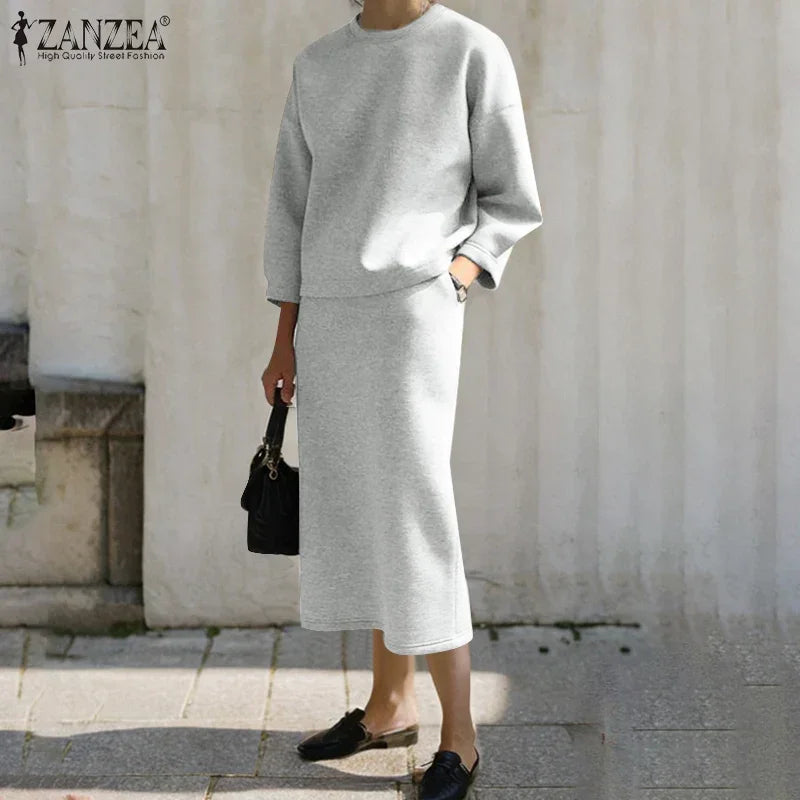 Stylish Women Tracksuits Spring 2pcs Outfits Solid Work Matching Sets 2025 ZANZEA Casual Long Sleeve Blouse Dress Suits Oversize