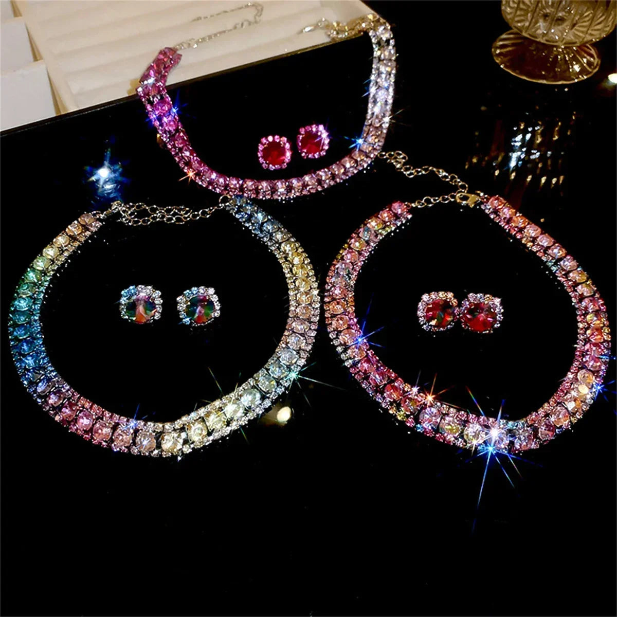 Luxury Crystal Necklace Earrings Set Pink ABcolourful Necklace for Women Weddings Party Jewelry Sets Accessories