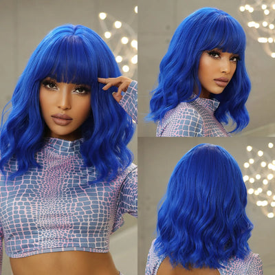 Short Wavy Bob Wigs for Women Dark Brown Bob Natural Synthetic Wig with Bangs for Girl Daily Cosplay Use Heat Resistant