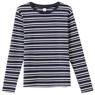 2024 New Women Clothing Crew Neck Striped Bottom Shirt Spring and Autumn Long Sleeve Tops T-Shirt Loose Interior Casual Top