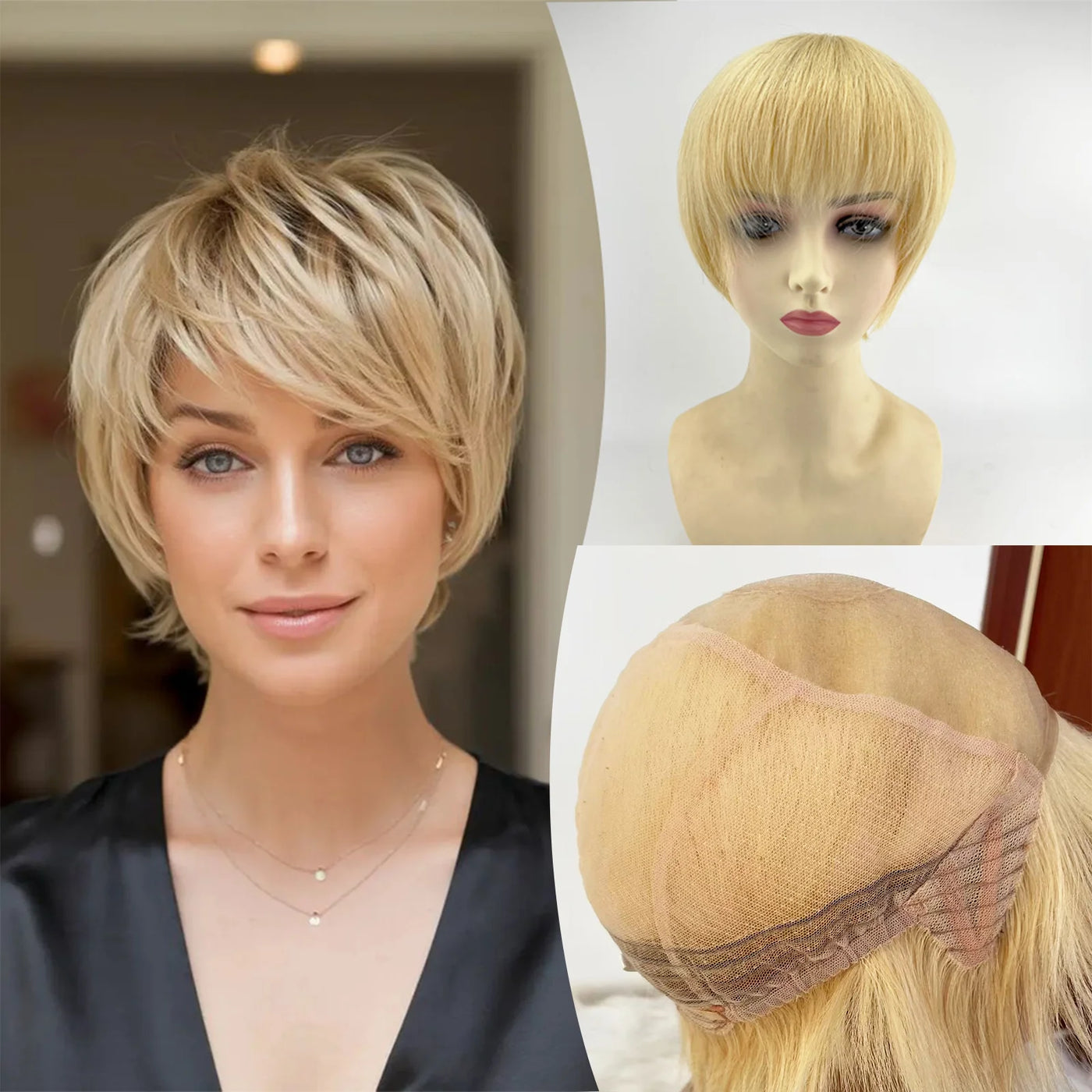 Human Hair Wig Short Pixie Cut Full Lace Silk Base Crown Virgin European Hair Thin Light Breathable Wear to Go for Women