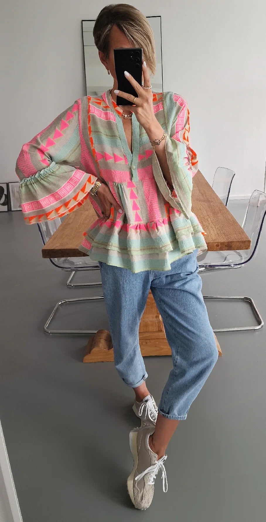 Women Loungewear Shirts V-Neck Long Flare Sleeve Fashion Ruffles Ladies Pullover Blouses 2023 Patchwork Streetwear Dropshipping