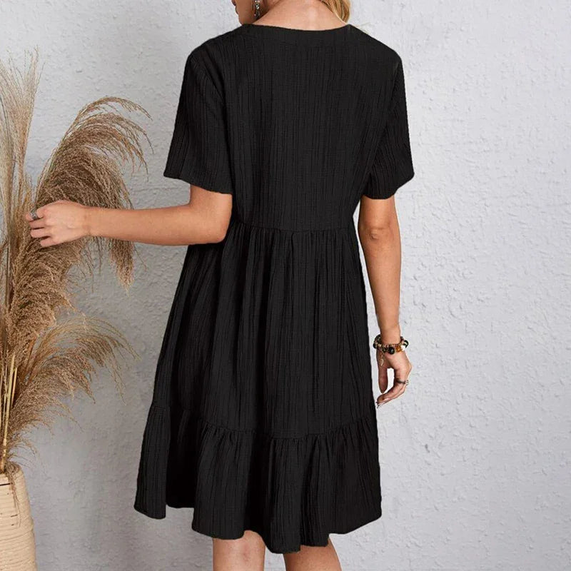 Women Mini Dress Summer Casual Solid V Neck Ruffles A-line Dress Female Fashion Holiday Boho Loose Beach Elegant Dresses Vestido