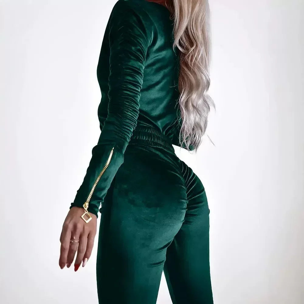 Zipper Design Ruched Long Sleeve Velvet Jumpsuit with Elastic Waistbelt Women Jumpsuits Pants Overall