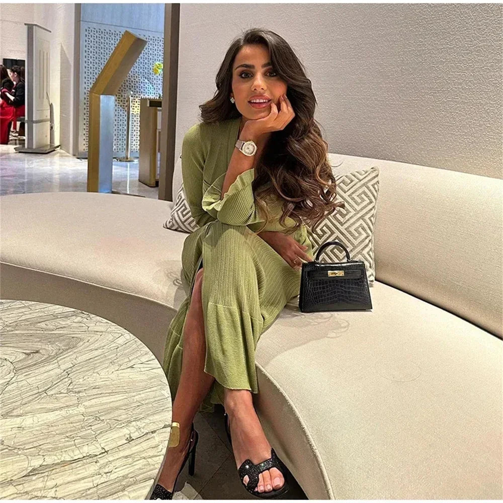Ruffles Hem Knitted Dress For Women Elegant V Neck Long Sleeve Single Breasted Loose Vestidos Fashion Office Lady Knit Robe