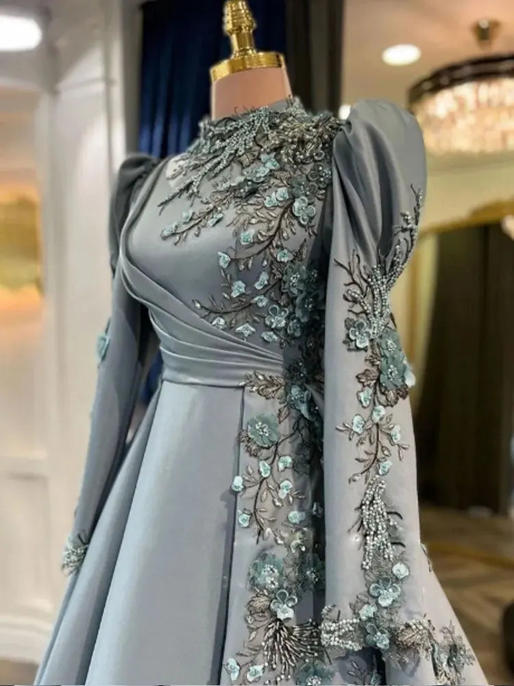 Exquisite 3D Flowers Muslim Women Evening Dresses Pearls Appliques Dubai Caftan Formal Gown for Engagement Ruched lslam Vestido