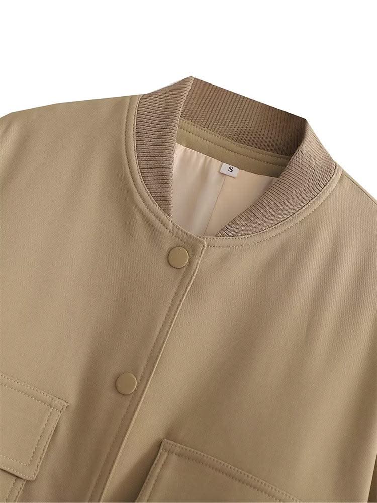 Women Fashion Solid Bomber Jackets Coat With Pockets V-Neck Single Breasted