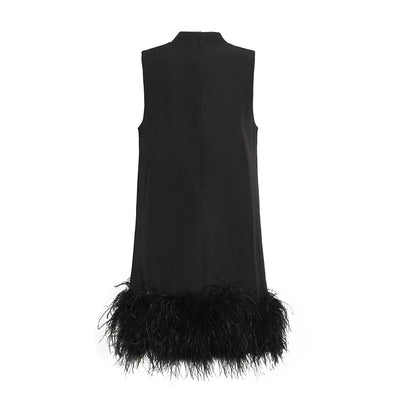A-line Skirt 2025 Spring New Style Stand-up Collar Sleeveless Solid Color Feather Stitching Dress for Women
