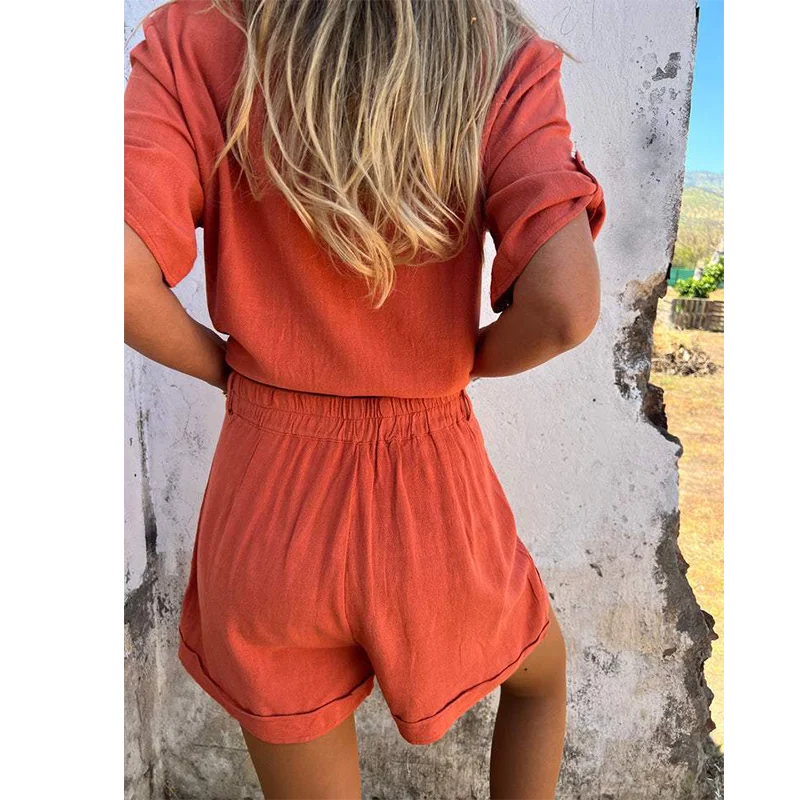 Women Casual Two Piece Outfits Short Sleeve Button Down Oversized Shirts and Drawstring Shorts Sets Summer Loungewear Streetwear