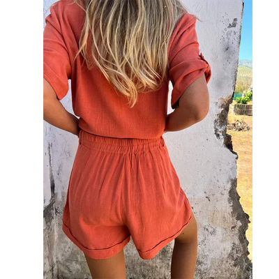 Women Casual Two Piece Outfits Short Sleeve Button Down Oversized Shirts and Drawstring Shorts Sets Summer Loungewear Streetwear