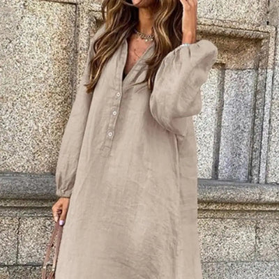 Stylish Button-breasted Dress for Women Elegant V-neck Cotton Linen Dress with Long Sleeves Button Decoration for Summer Ladies