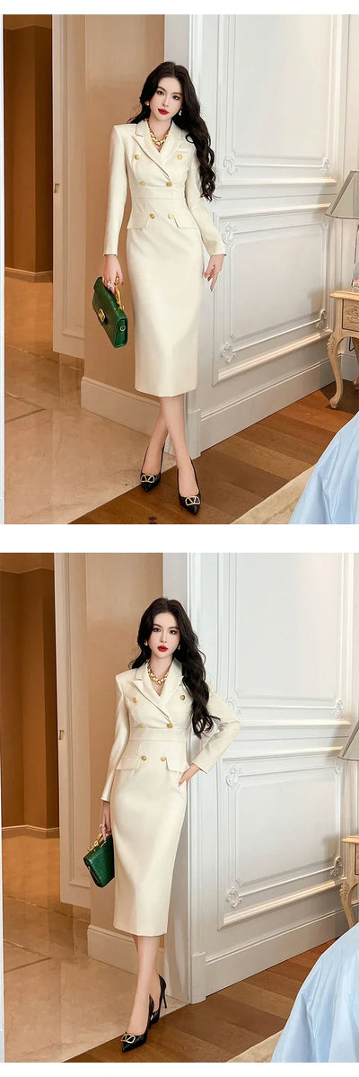 Fashion Elegant Midi Dress Women's Professional Business Style Long Sleeve Double Breasted Slit Robe Office Lady Work Vestidos