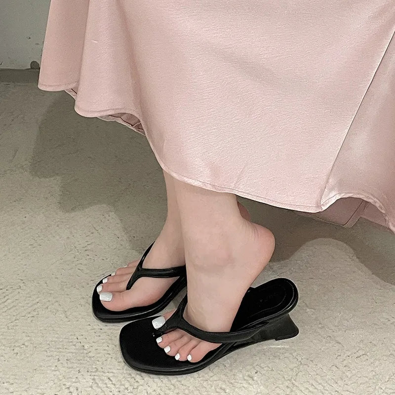 Women High-heeled Slippers 2025 Summer Clip Toe Flip Flop Fashion Pumps French Wedge Sandals Square Toe Ladies Shoes Sandalias