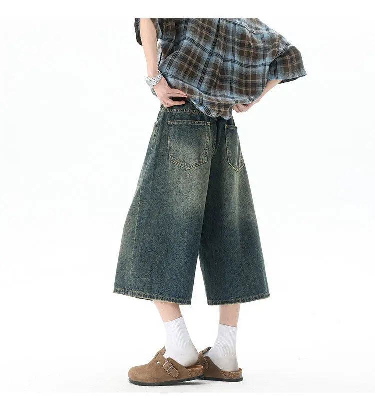 Trendy High-Waisted Wide-Leg Cropped Jeans for Men 2025 Summer Casual Stretch Denim Capri Pants Comfort Fit & Stylish Outfit 8XL